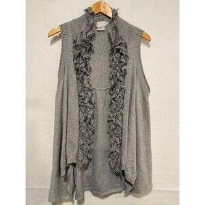 ADORE Womens Gray Ruffled Lace Trim Sleeveless Cardigan Vest Sweater M Boho